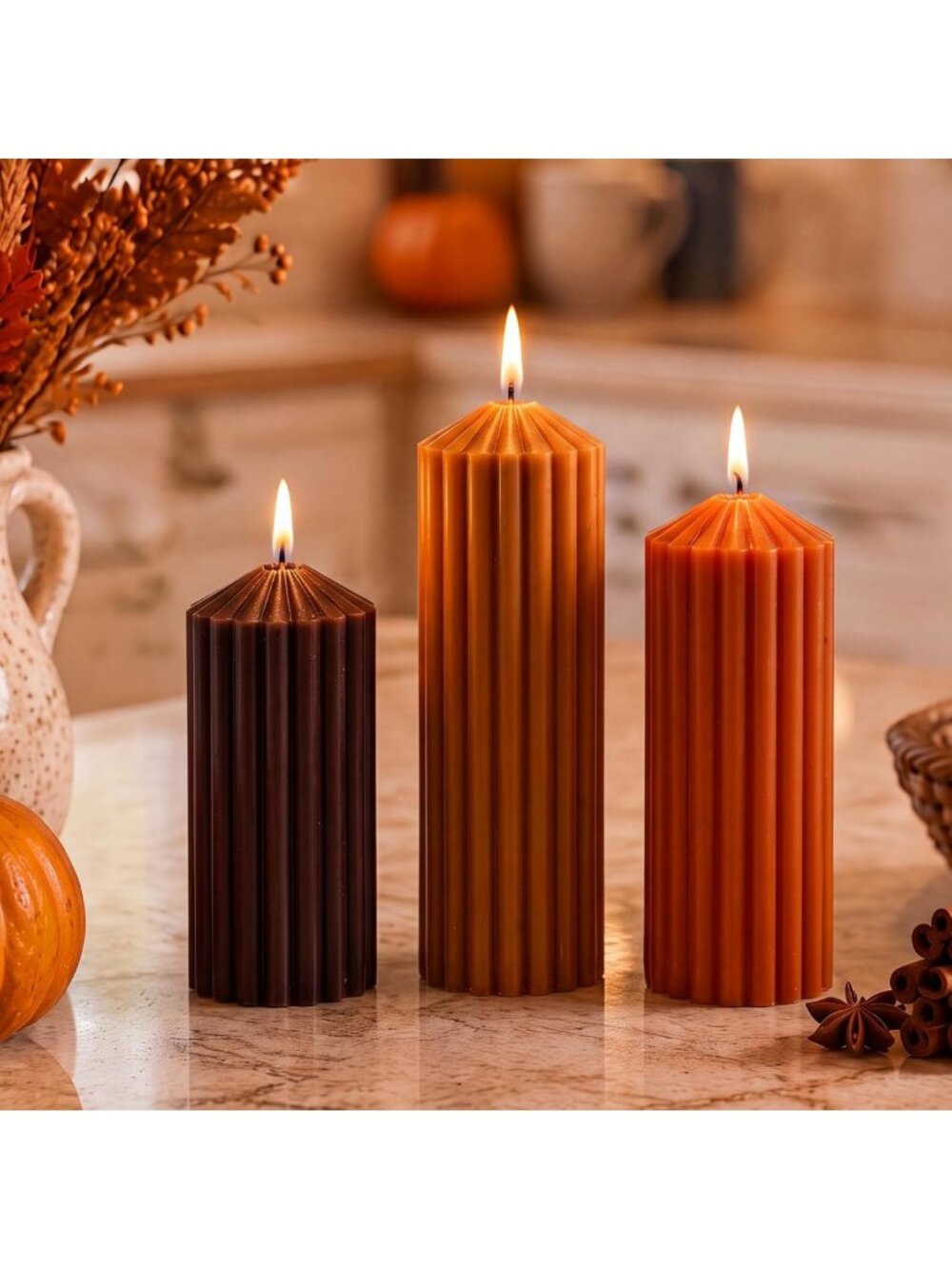 3 Pack Fall Ribbed Pillar Candles Set - Brown, Orange, Caramel - Cozy Home Decor